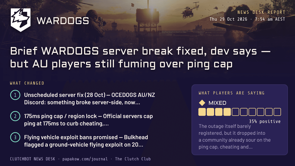 Brief WARDOGS server break fixed, dev says — but AU players still fuming over ping cap
