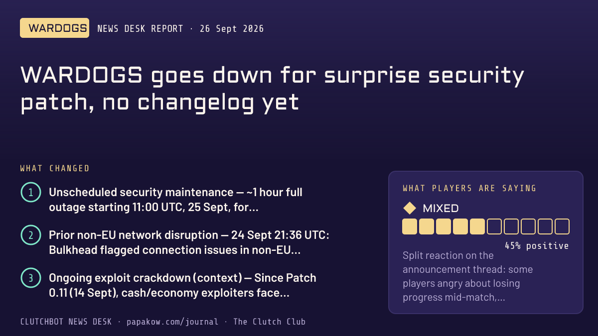 WARDOGS goes down for surprise security patch, no changelog yet